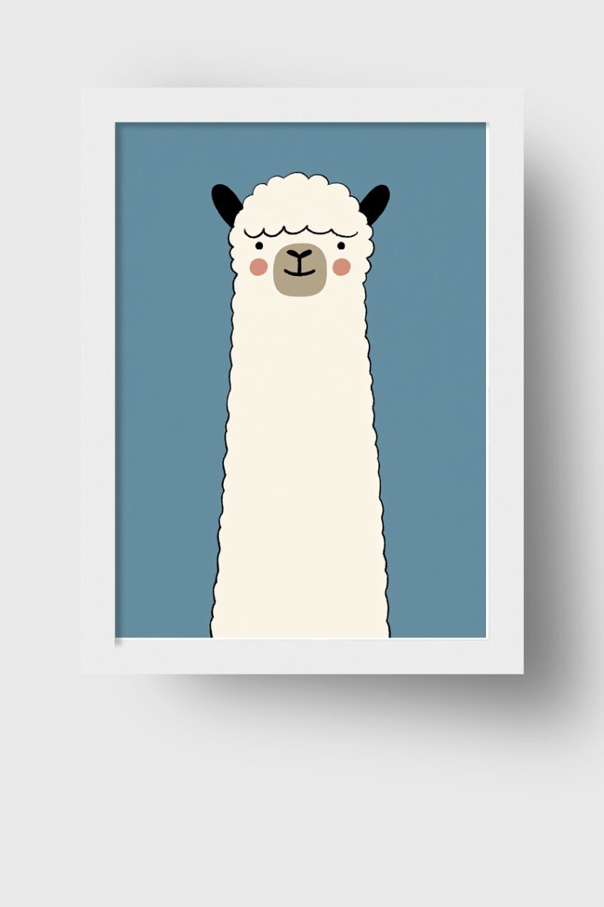 Illustration Poster Lama lang schlank freundliches Gesicht weiß blau