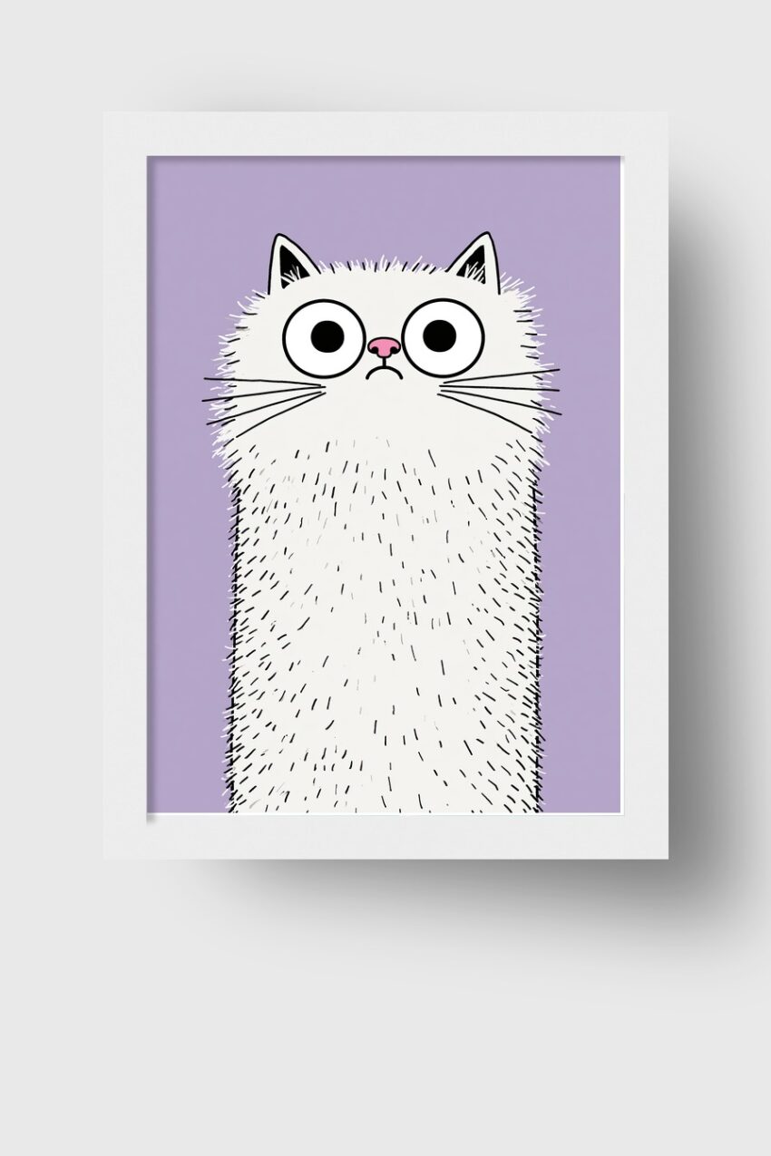 Illustration Poster Katze Langhaar Blick weiß lila