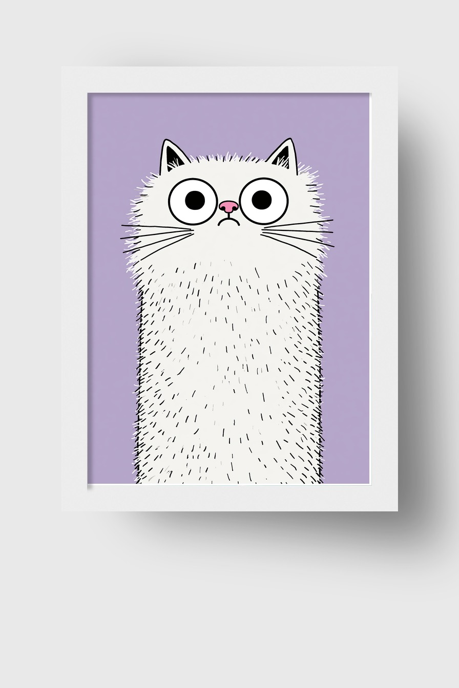 Illustration Poster Katze Langhaar Blick weiß lila