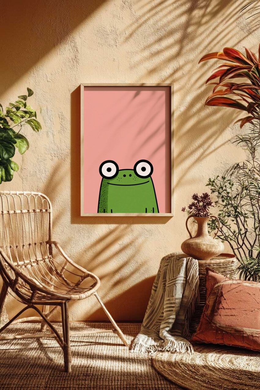 Illustration Poster Frosch große Augen grün rosa