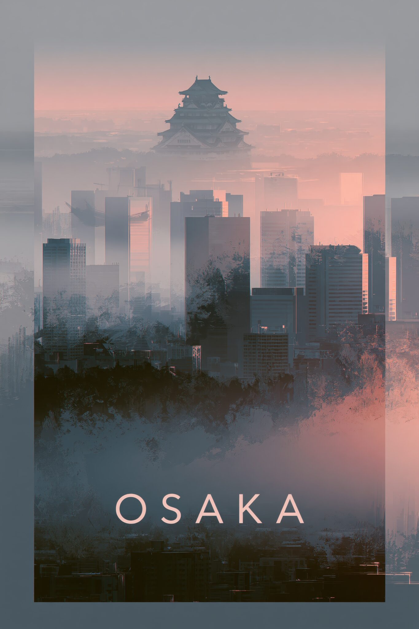 Fotografie Poster Osaka Schloss mystisch neblig rosa grau