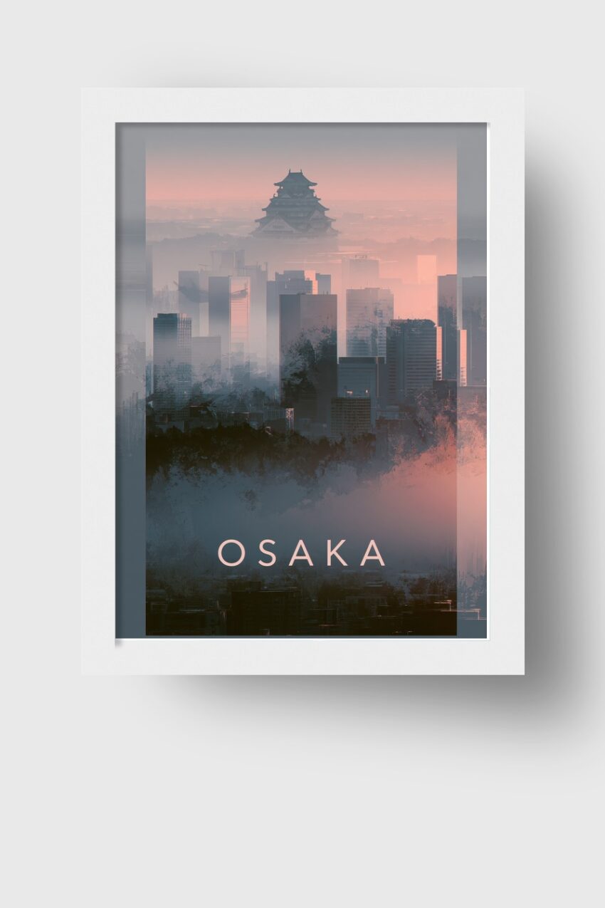 Fotografie Poster Osaka Schloss mystisch neblig rosa grau