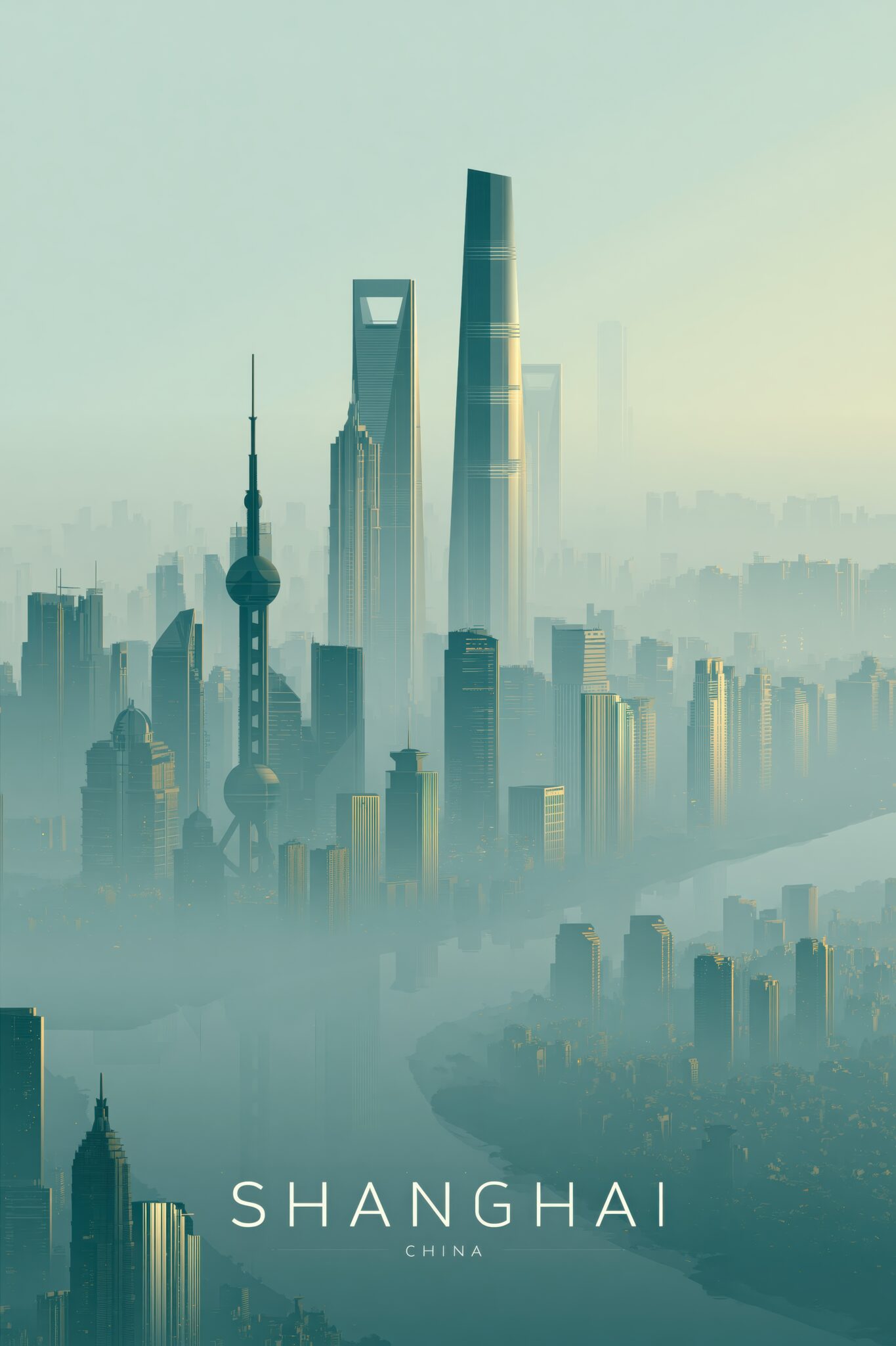Illustration Poster Shanghai Türme Nebel minimalistisch blau