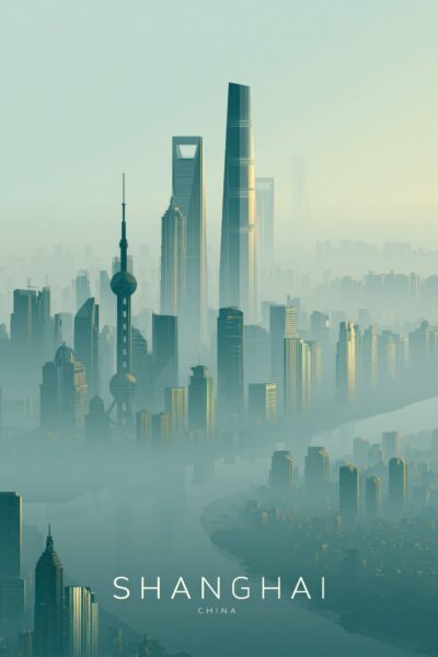 Shanghai Türme Nebel Poster