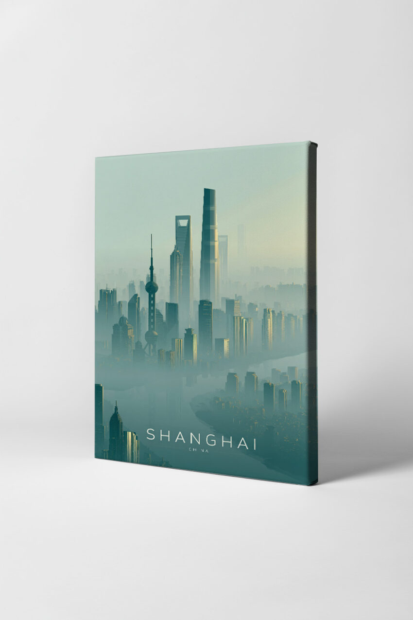 Illustration Poster Shanghai Türme Nebel minimalistisch blau