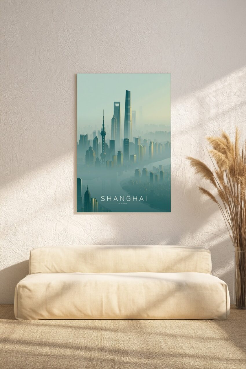 Illustration Poster Shanghai Türme Nebel minimalistisch blau