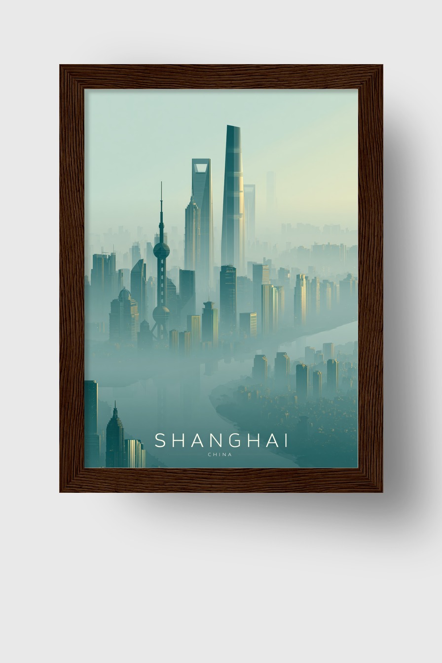 Illustration Poster Shanghai Türme Nebel minimalistisch blau