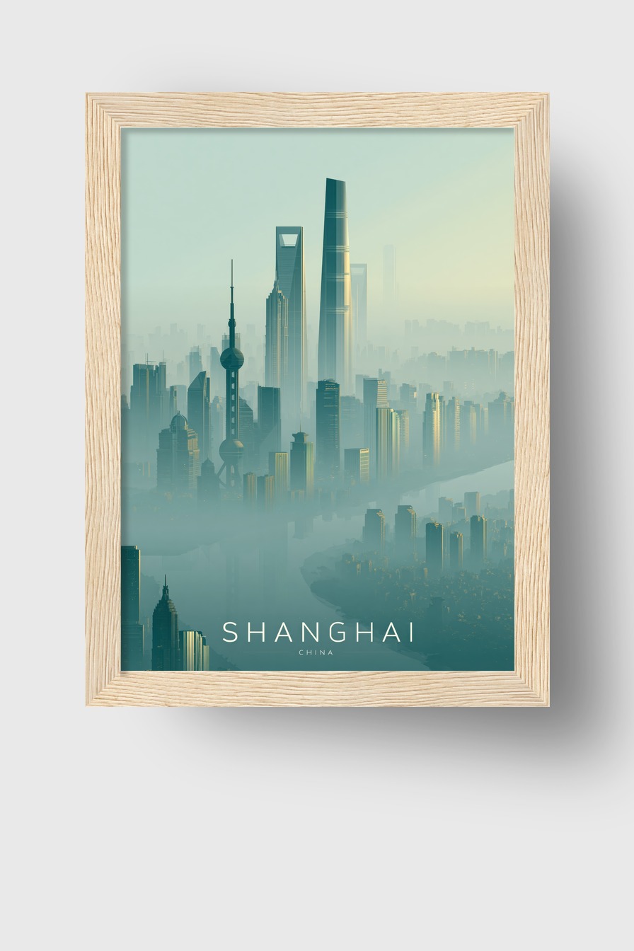 Illustration Poster Shanghai Türme Nebel minimalistisch blau