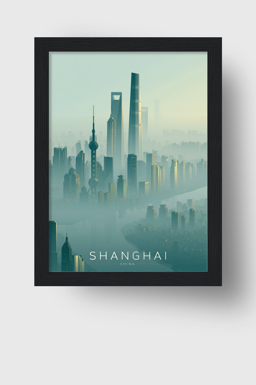 Illustration Poster Shanghai Türme Nebel minimalistisch blau