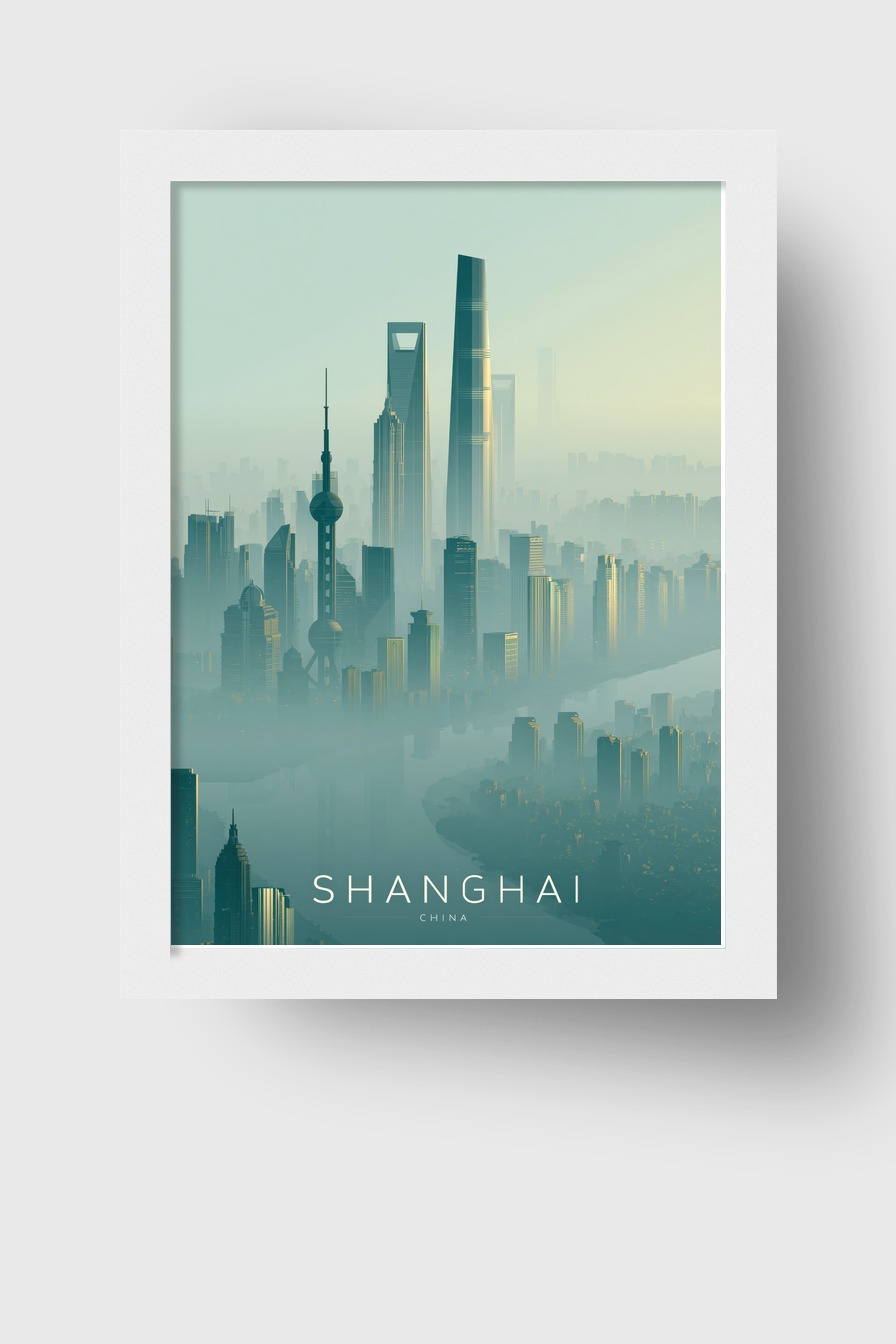 Illustration Poster Shanghai Türme Nebel minimalistisch blau