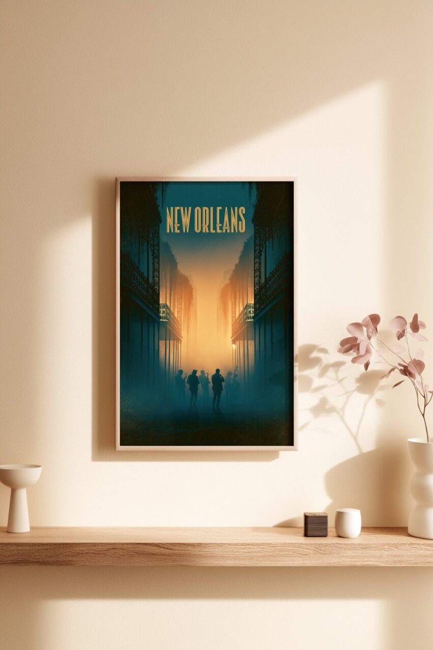 Grafik Poster New Orleans Band Silhouetten Nebel warm