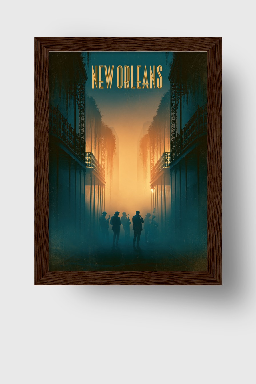 Grafik Poster New Orleans Band Silhouetten Nebel warm