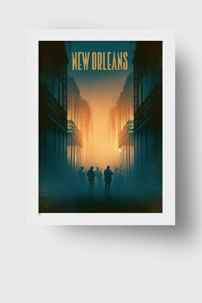 Grafik Poster New Orleans Band Silhouetten Nebel warm