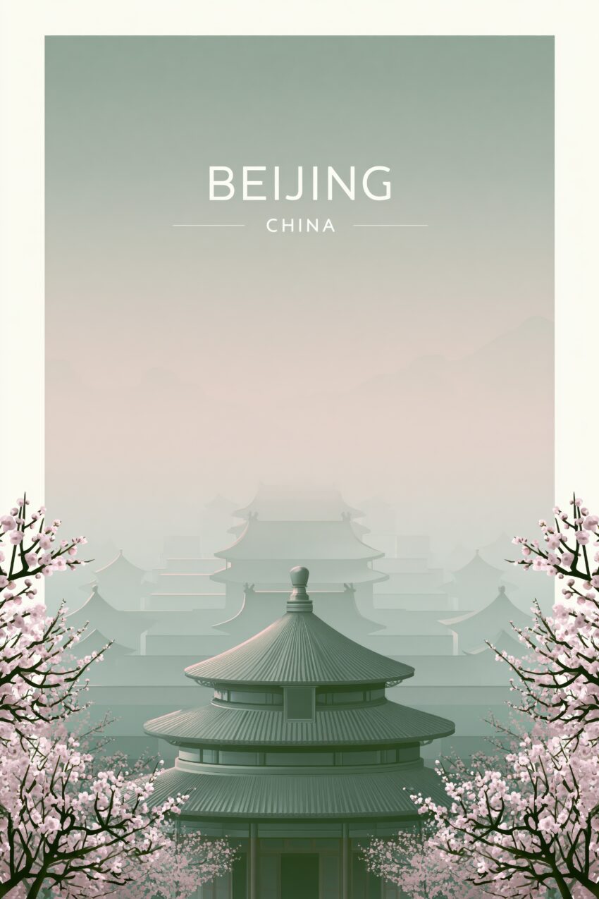Illustration Poster Tempel China Kirschblüten minimalistisch grün