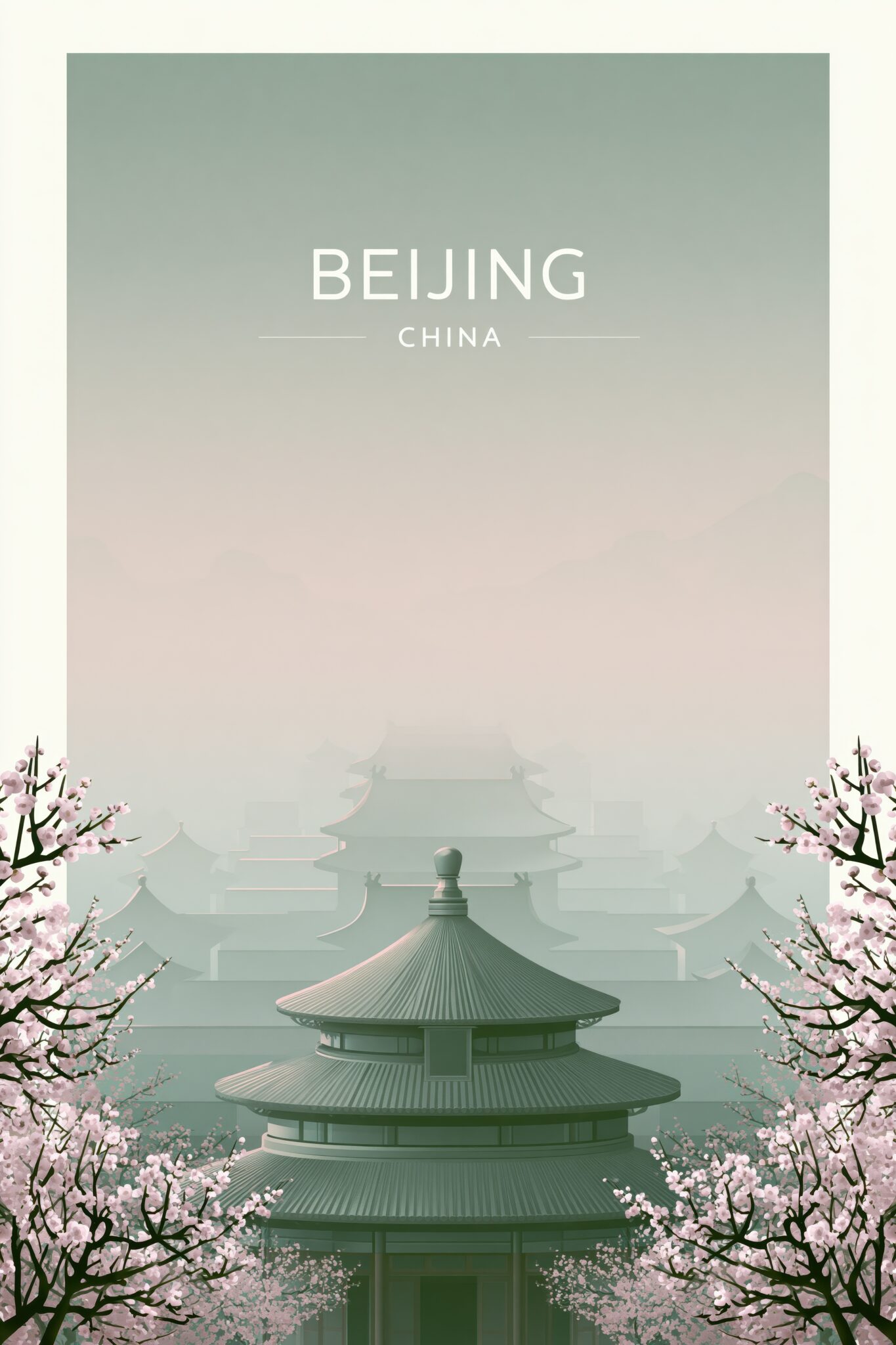 Illustration Poster Tempel China Kirschblüten minimalistisch grün