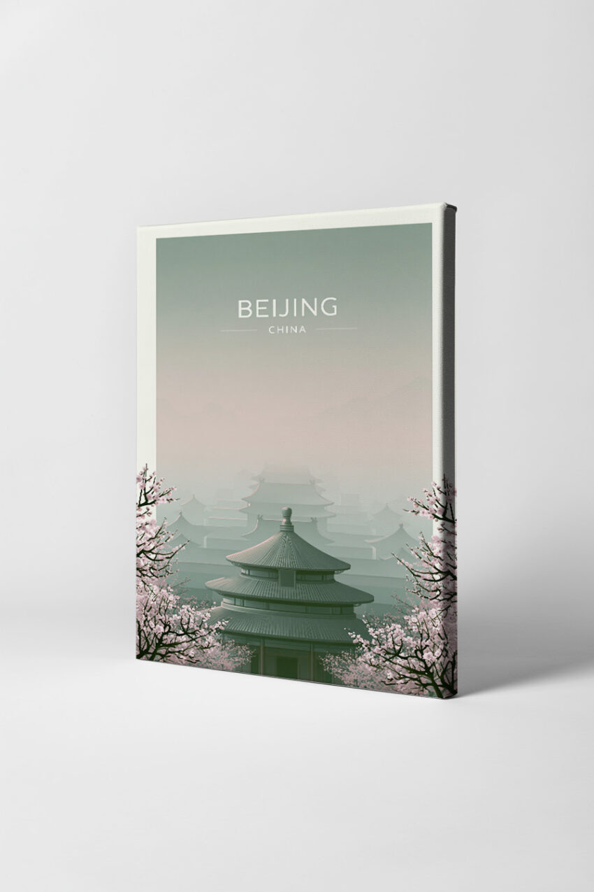 Illustration Poster Tempel China Kirschblüten minimalistisch grün