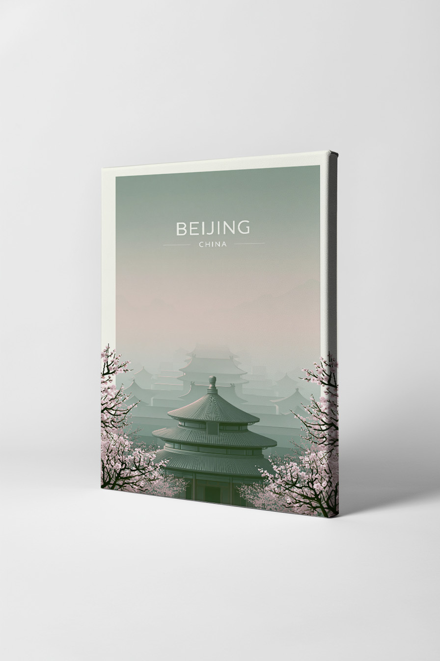 Illustration Poster Tempel China Kirschblüten minimalistisch grün