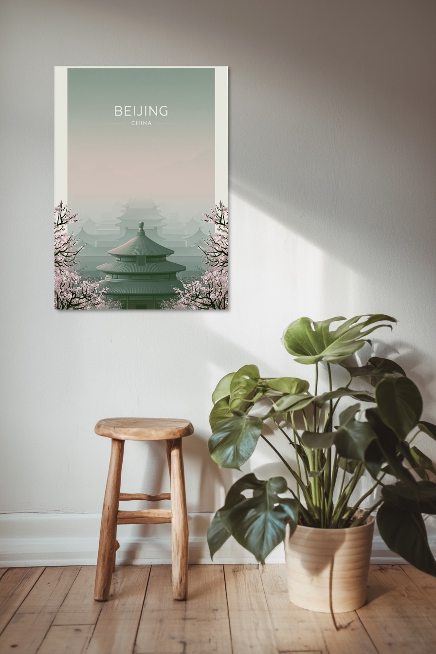 Illustration Poster Tempel China Kirschblüten minimalistisch grün