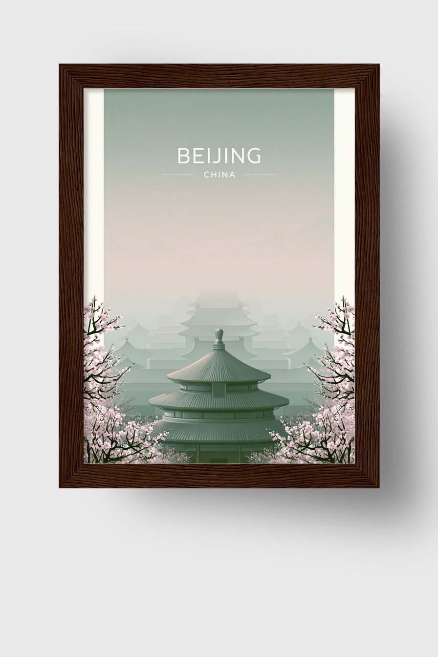 Illustration Poster Tempel China Kirschblüten minimalistisch grün