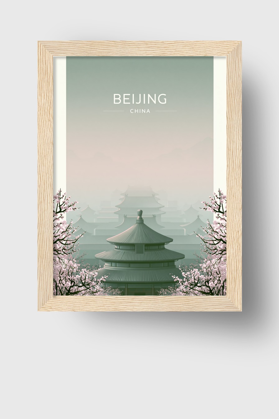 Illustration Poster Tempel China Kirschblüten minimalistisch grün