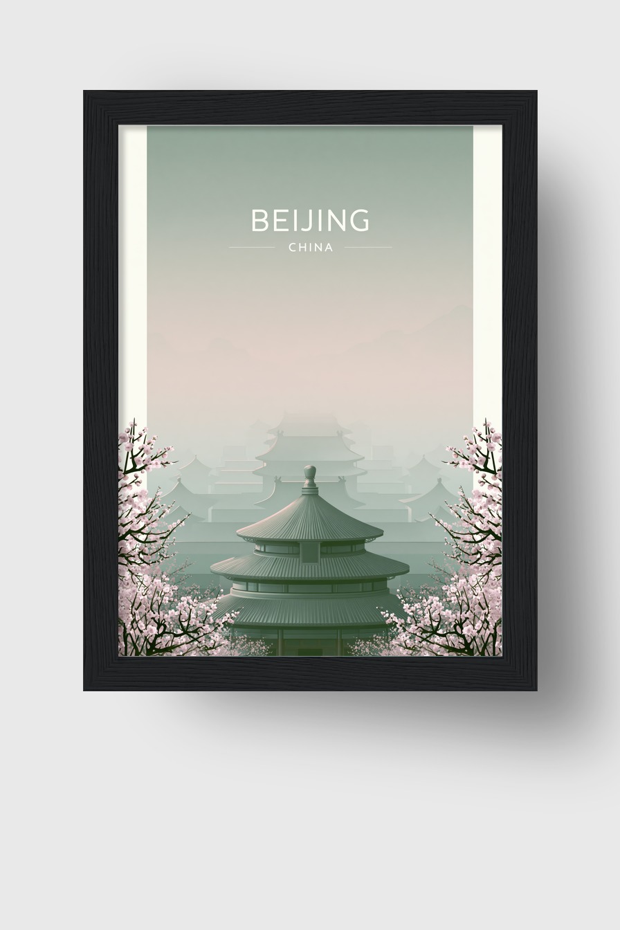 Illustration Poster Tempel China Kirschblüten minimalistisch grün