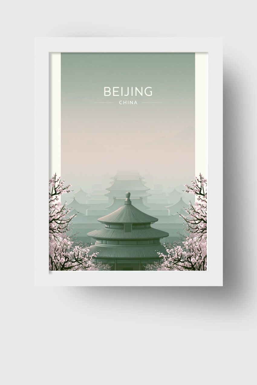 Illustration Poster Tempel China Kirschblüten minimalistisch grün