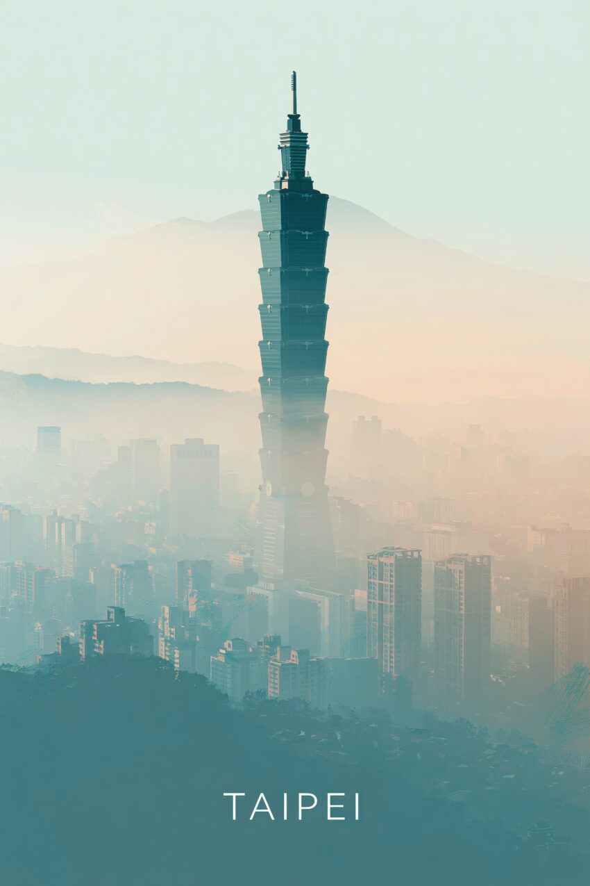 Fotografie Poster Taipei 101 Neblig urban blau grau