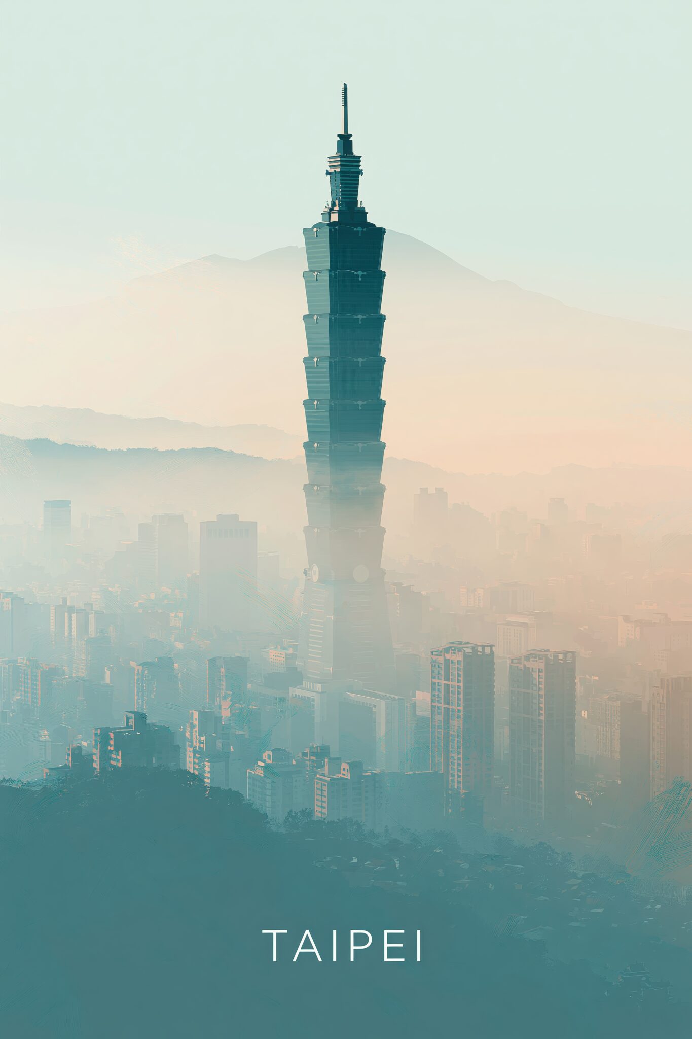Fotografie Poster Taipei 101 Neblig urban blau grau