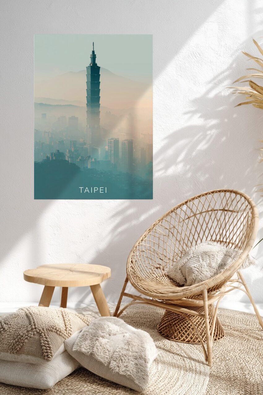 Fotografie Poster Taipei 101 Neblig urban blau grau