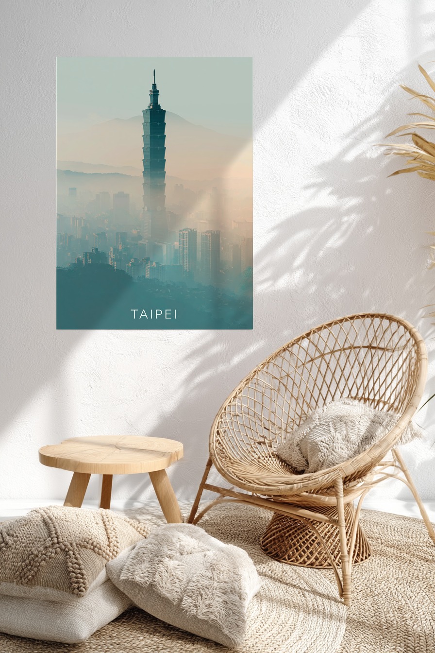 Fotografie Poster Taipei 101 Neblig urban blau grau