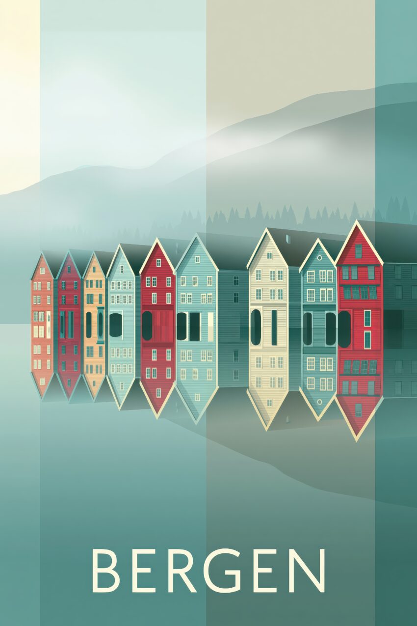Illustration Poster Häuserreihe Bergen nordisch klar