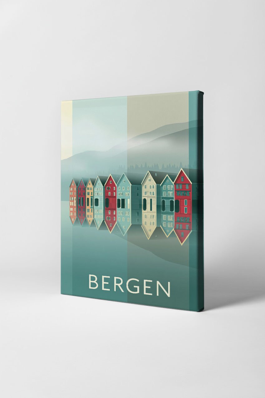 Illustration Poster Häuserreihe Bergen nordisch klar