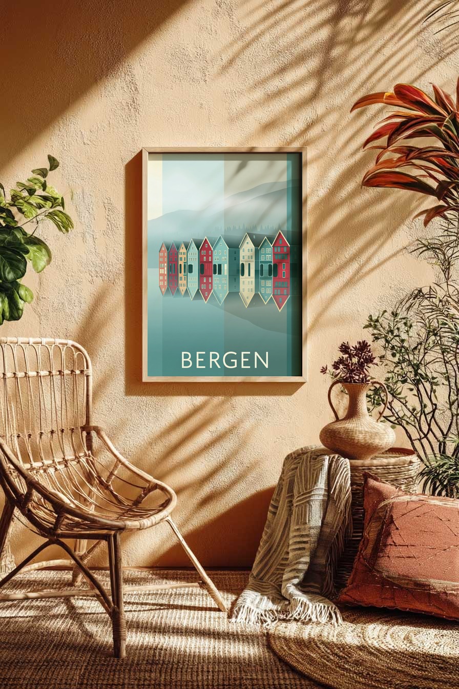 Illustration Poster Häuserreihe Bergen nordisch klar