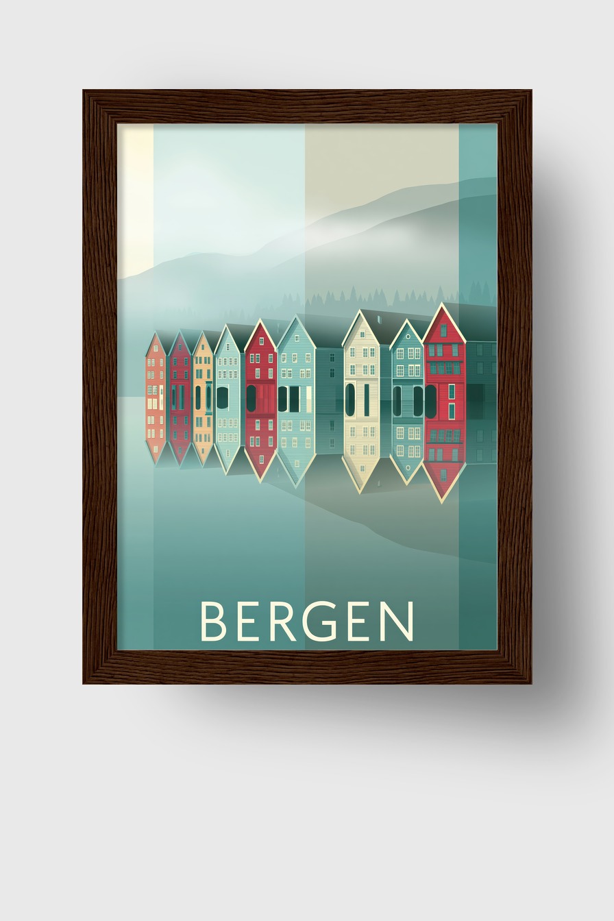 Illustration Poster Häuserreihe Bergen nordisch klar