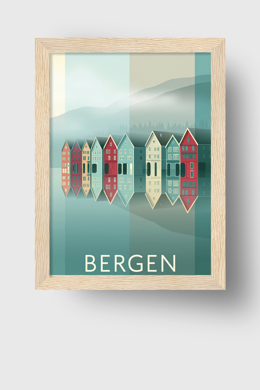 Illustration Poster Häuserreihe Bergen nordisch klar