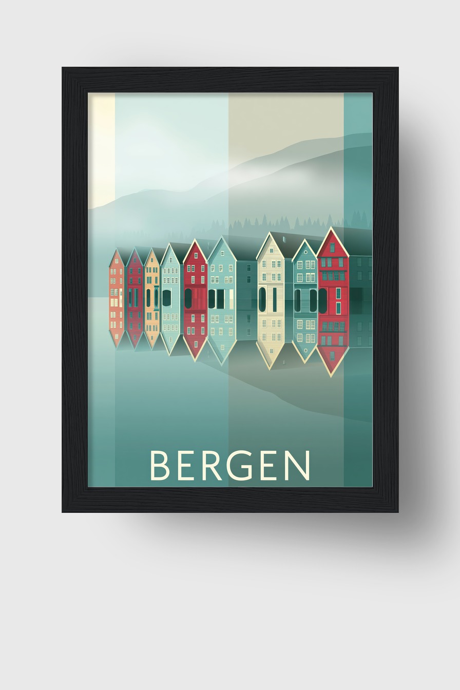 Illustration Poster Häuserreihe Bergen nordisch klar
