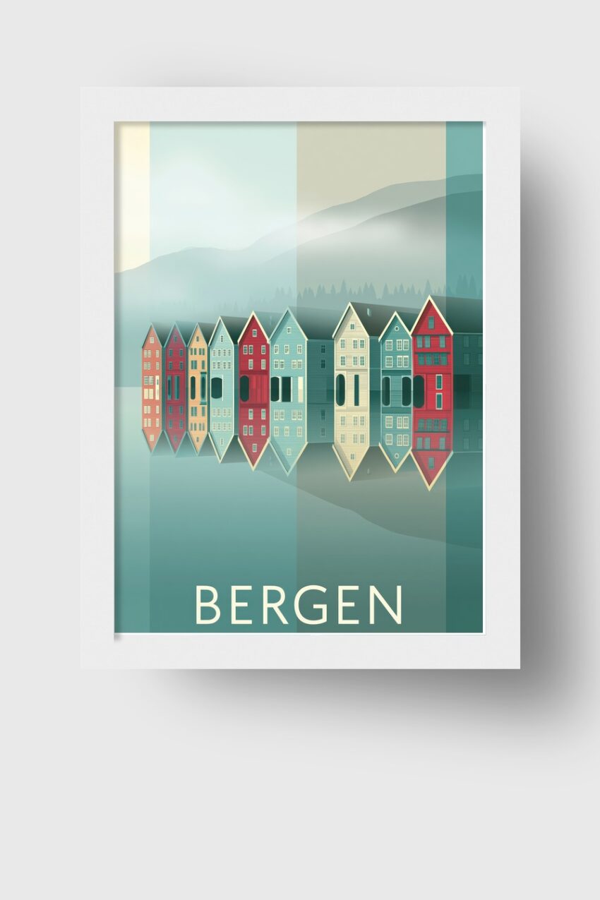 Illustration Poster Häuserreihe Bergen nordisch klar