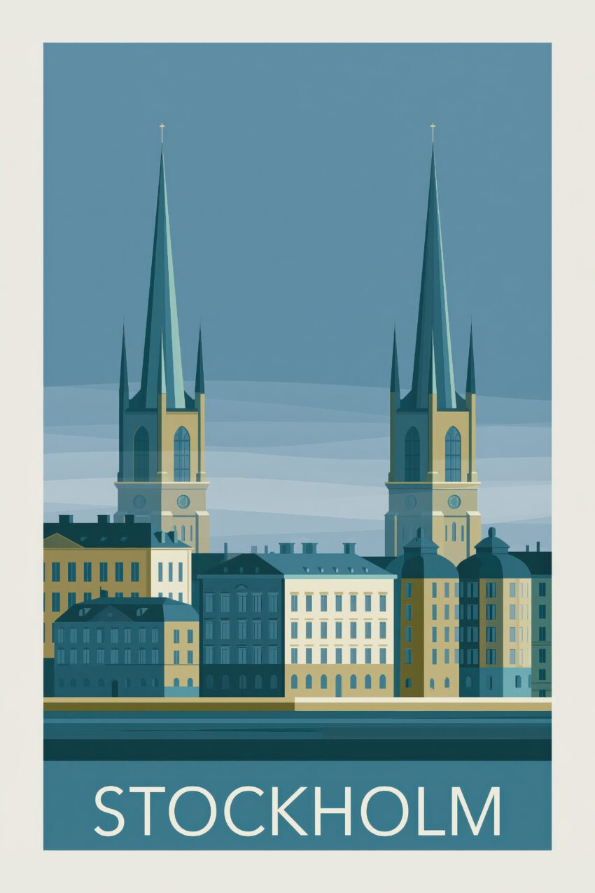 Grafik Poster Kirchtürme Stockholm minimal blau beige