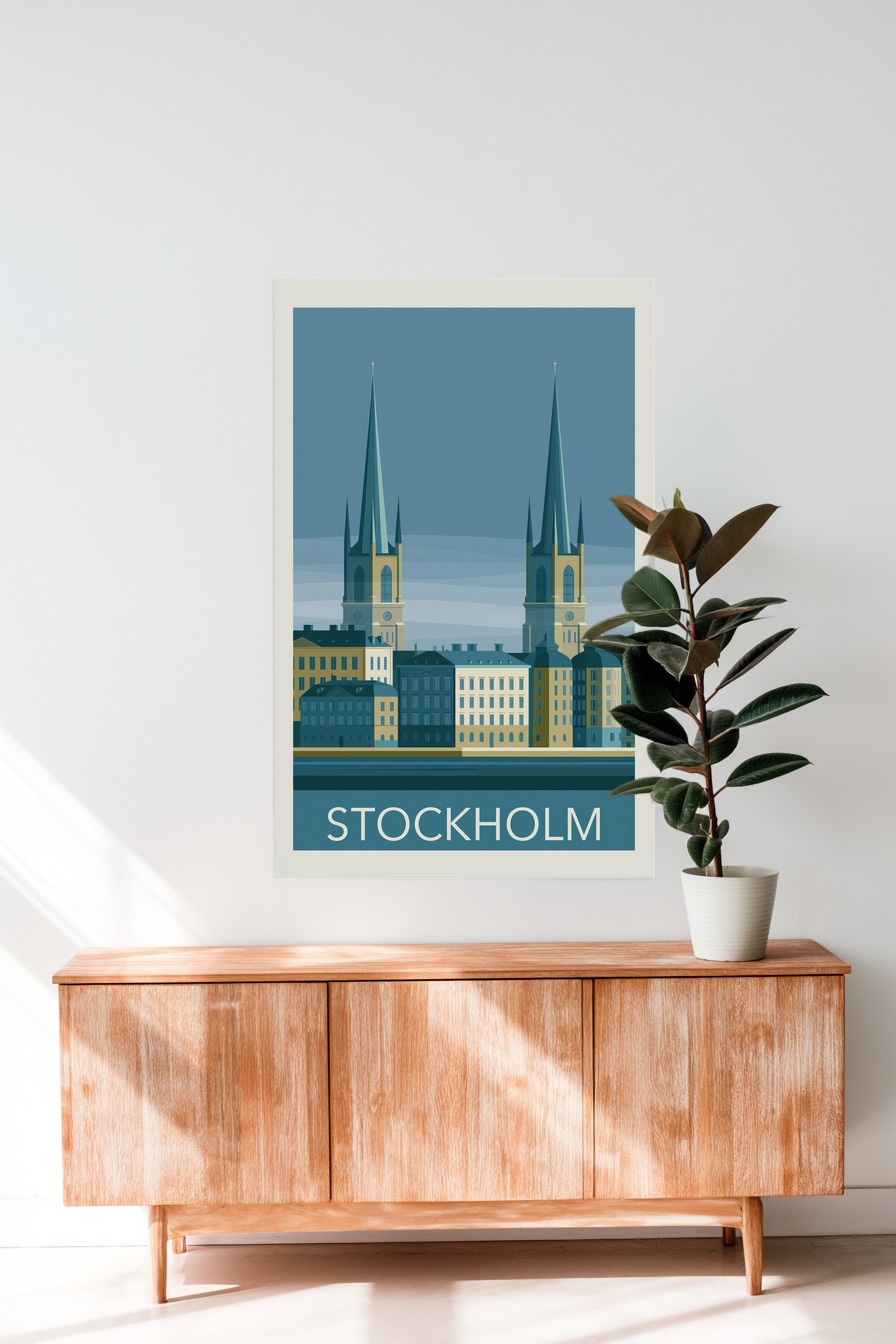 Grafik Poster Kirchtürme Stockholm minimal blau beige