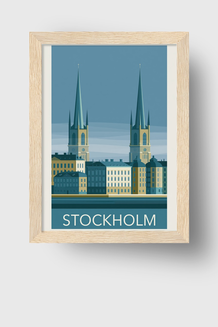 Grafik Poster Kirchtürme Stockholm minimal blau beige