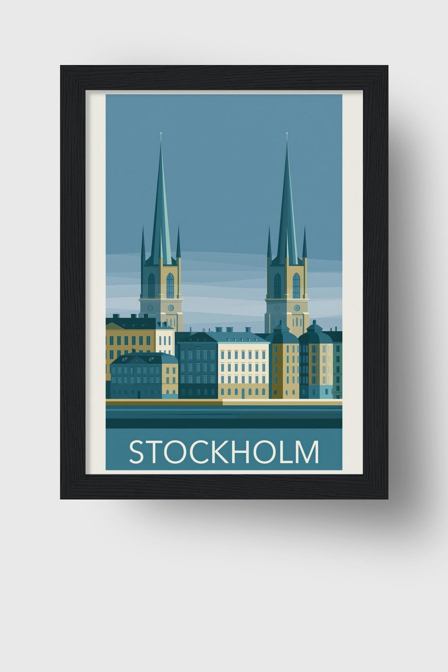 Grafik Poster Kirchtürme Stockholm minimal blau beige