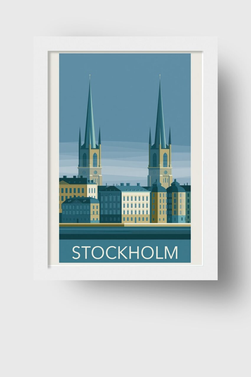 Grafik Poster Kirchtürme Stockholm minimal blau beige