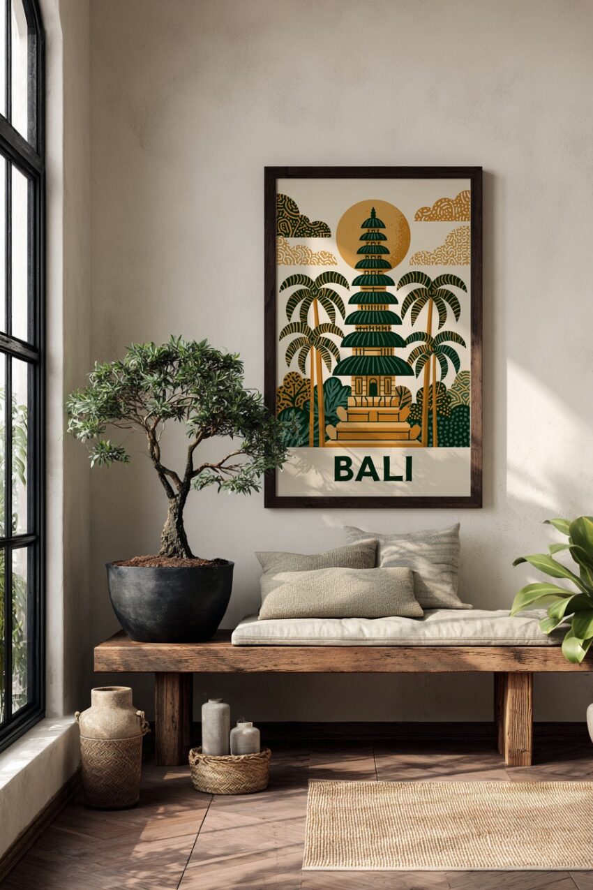 Grafik Poster Bali Tempel Tropisch Erdtöne Grün