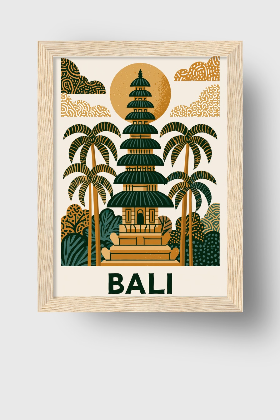 Grafik Poster Bali Tempel Tropisch Erdtöne Grün