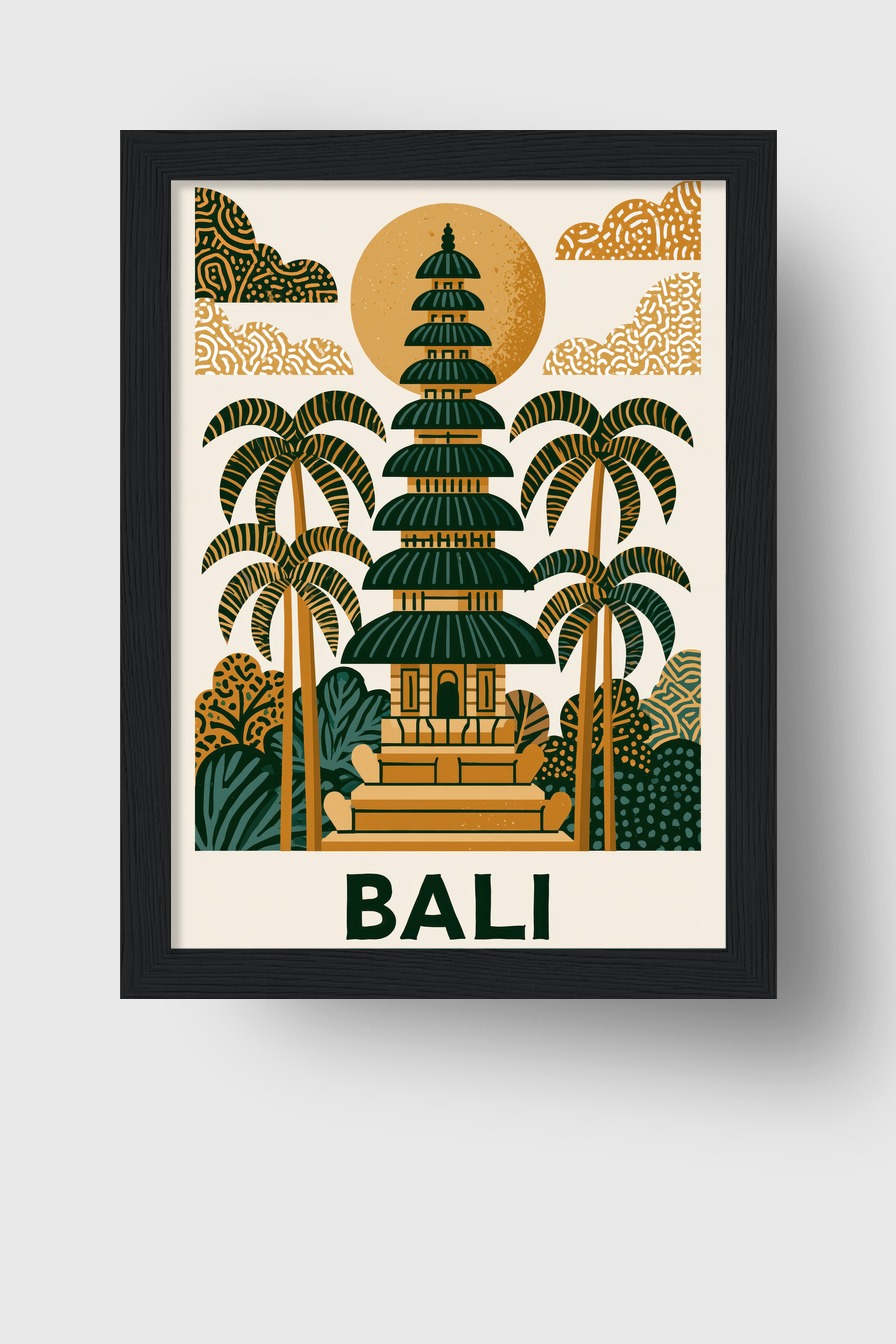 Grafik Poster Bali Tempel Tropisch Erdtöne Grün