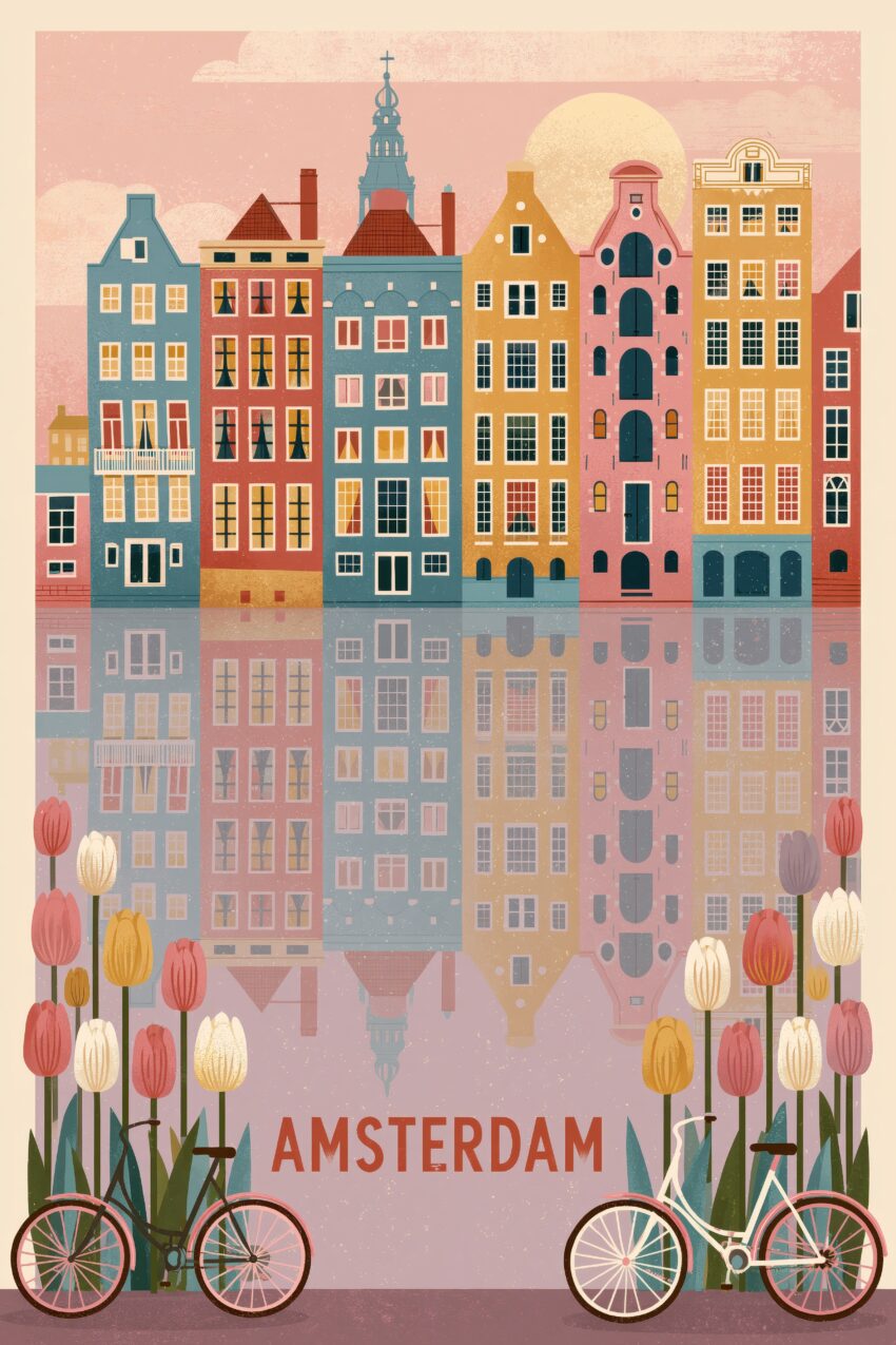 Illustration Poster Amsterdam Tulpen Fahrräder urban farbig