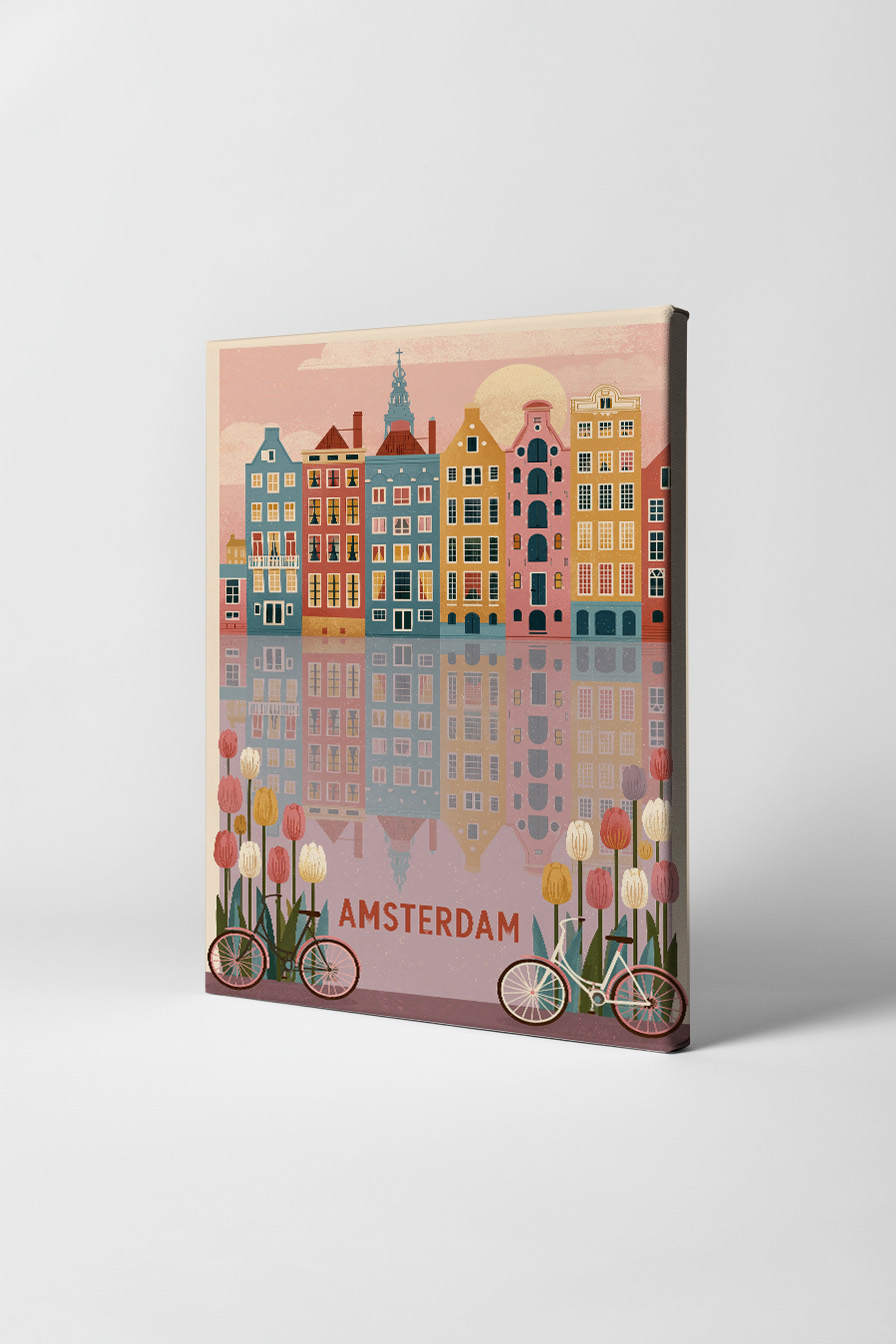 Illustration Poster Amsterdam Tulpen Fahrräder urban farbig