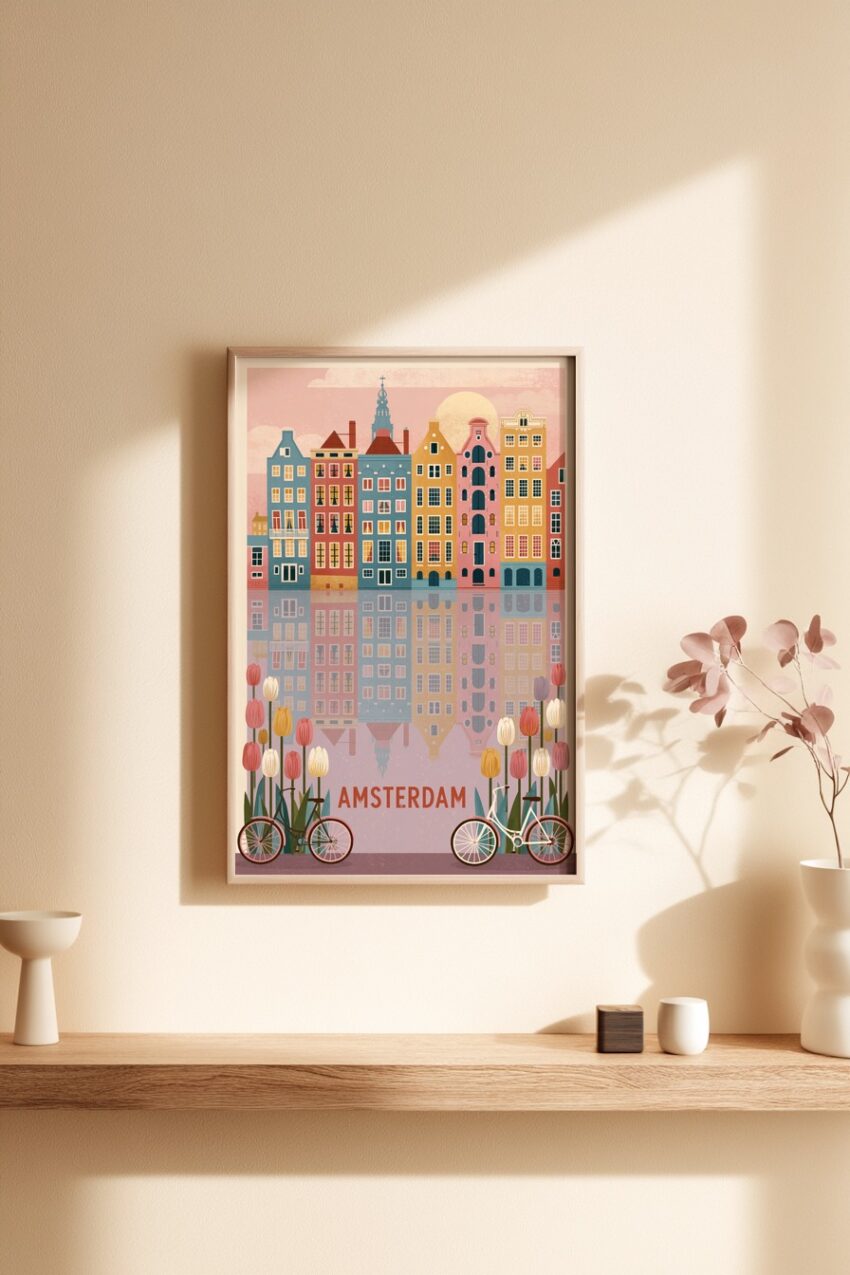 Illustration Poster Amsterdam Tulpen Fahrräder urban farbig
