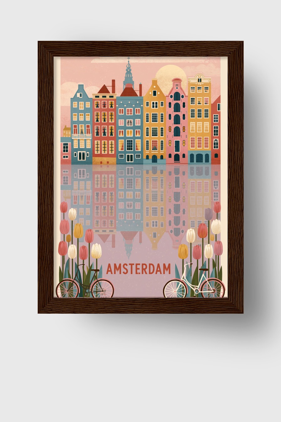 Illustration Poster Amsterdam Tulpen Fahrräder urban farbig