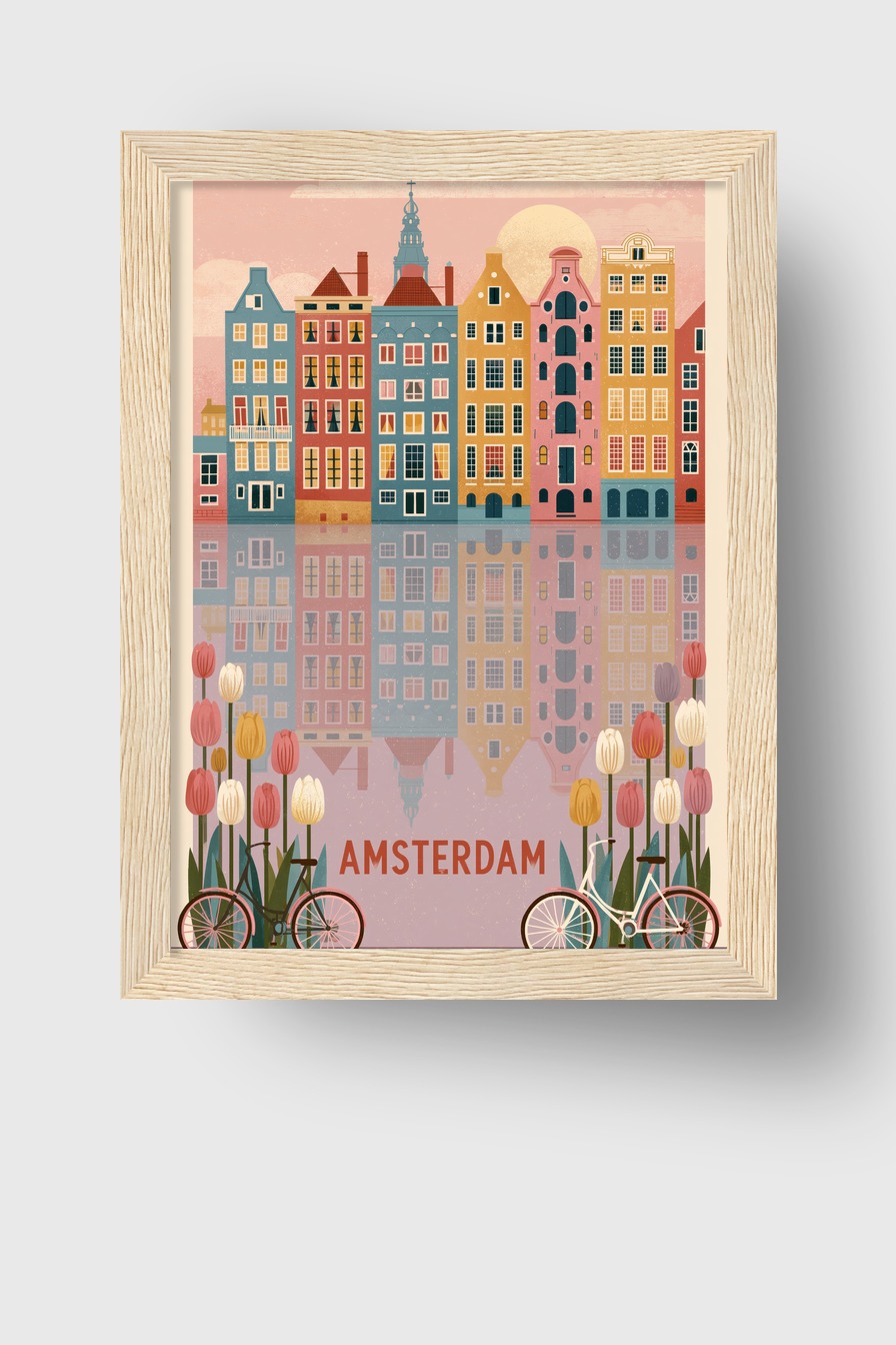 Illustration Poster Amsterdam Tulpen Fahrräder urban farbig
